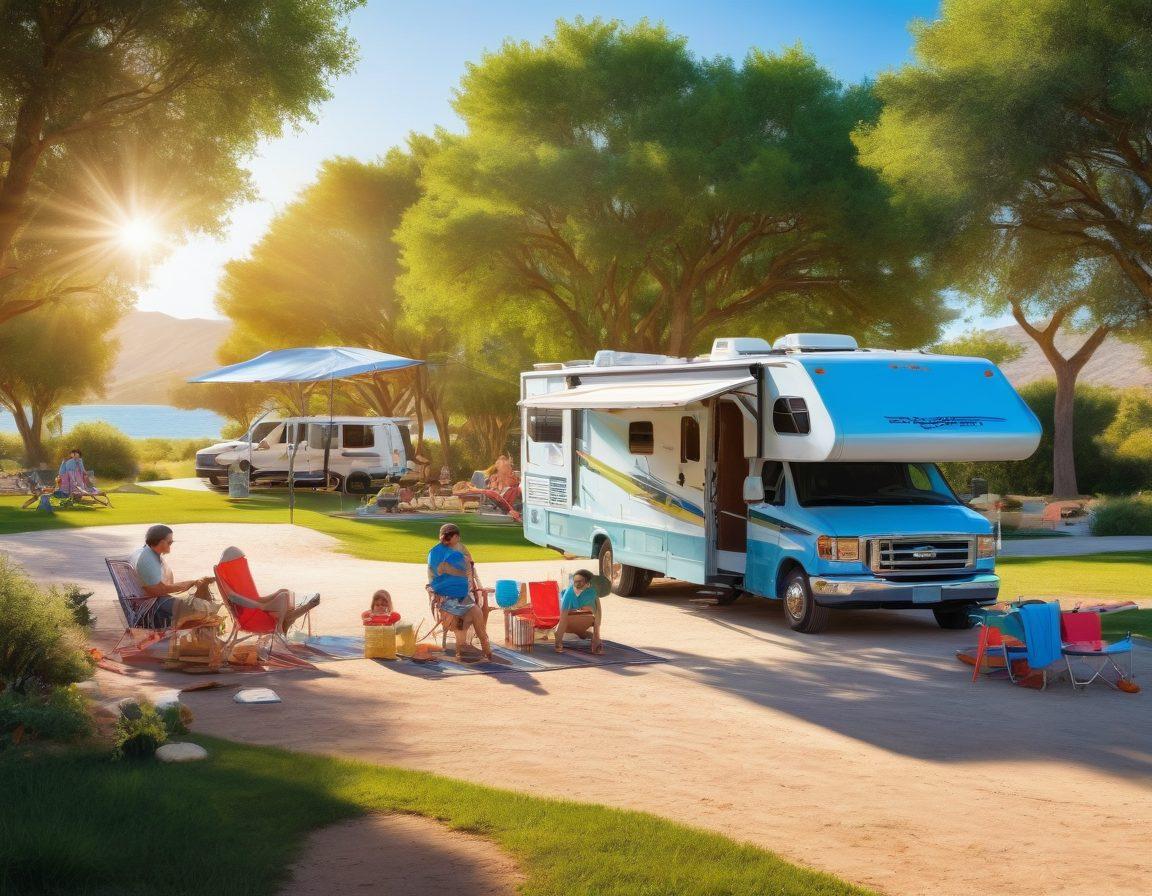 An array of RVs parked under a bright sun, showcasing various types of colorful sunscreens and UV shields in use. Include a family enjoying a picnic outside their RV, highlighting the importance of sun protection. The landscape should depict a serene campsite with lush greenery and a clear blue sky, emphasizing safety and comfort. super-realistic. vibrant colors.