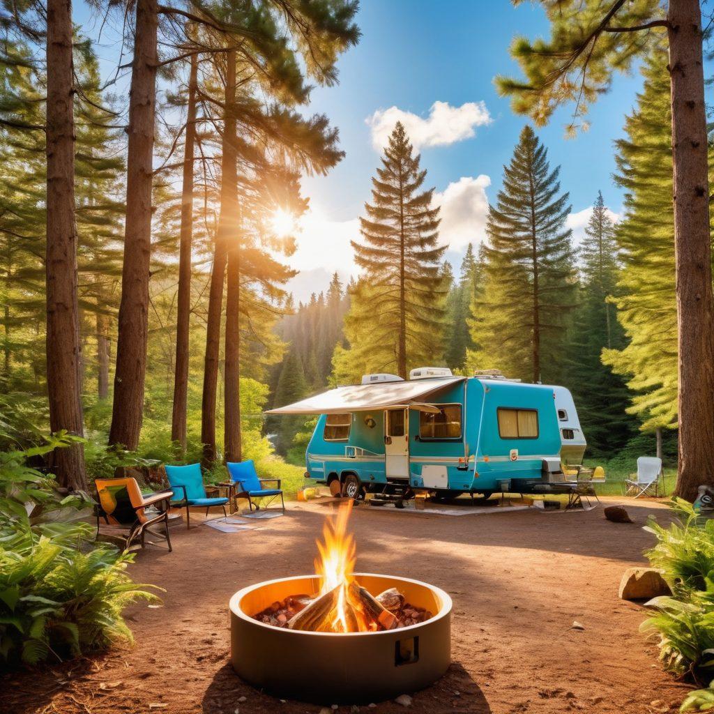 A vibrant scene of a sunny outdoor campsite featuring a cozy RV surrounded by lush greenery and towering trees. A family is engaging in fun activities like hiking and setting up a fire pit, while safety gear like first aid kits and sunblock are visible. The sky is bright blue with fluffy white clouds, emphasizing a carefree atmosphere. Include a friendly dog happily playing nearby to enhance the family vibe. realistic style. bright colors. sunny ambiance.