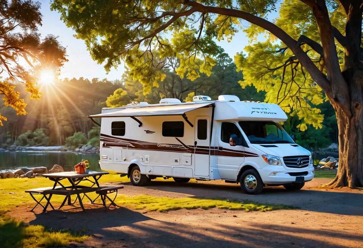 A scenic RV parked under a large, shady tree, showcasing various sun protection techniques like reflective window covers and awnings. The sun is blazing in the background, illuminating the vibrant colors of the RV. Include elements of a peaceful campfire setup, surrounded by nature. Emphasize a sense of leisure and comfort. 3D. vibrant colors.